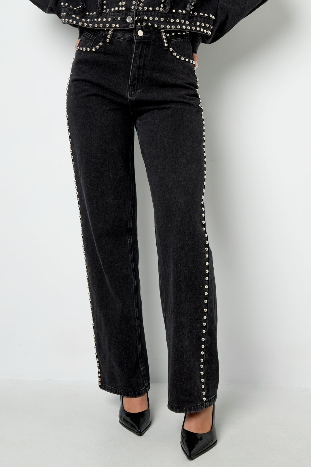 Pantalones Rectos Mujer con Remaches — Algodón Tejido, Estilo Urbano