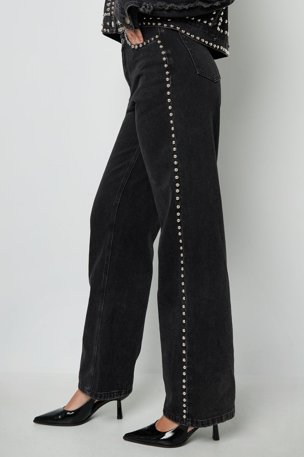 Pantalones Rectos Mujer con Remaches — Algodón Tejido, Estilo Urbano